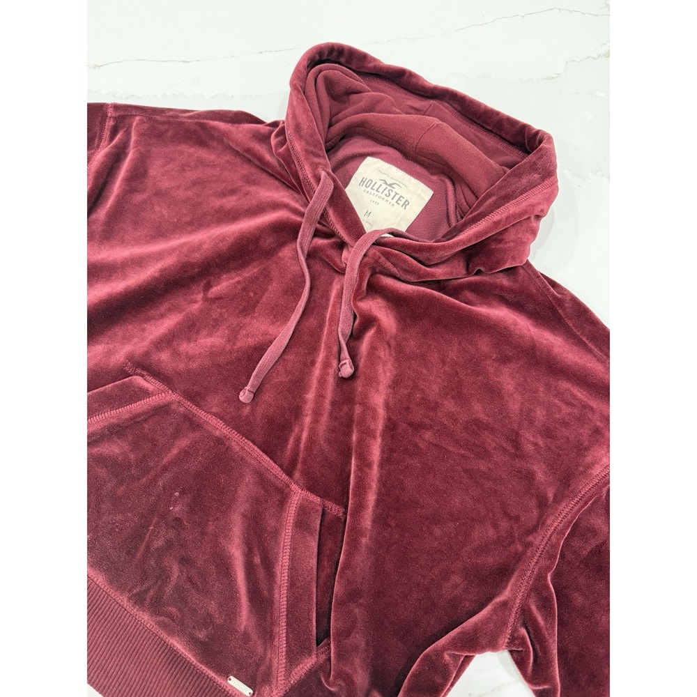 Hollister Cropped Velvet Hoodie Womens Medium Burgundy Y2K Retro‎ Oversized